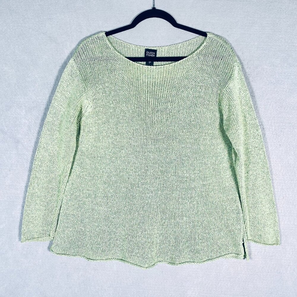 Eileen Fisher Top Womens L Green Cotton Linen Chunky Knit Costal Classic